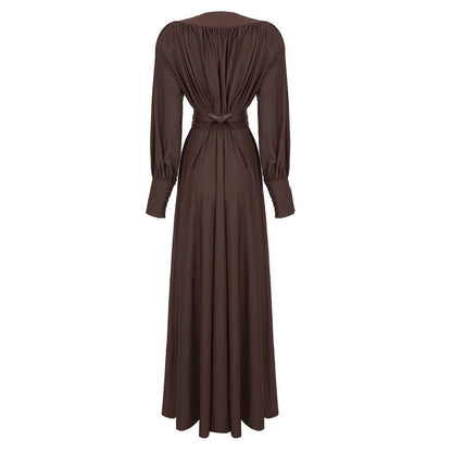 DR316 Elegant Chocolate Gathered Waist Maxi Dress