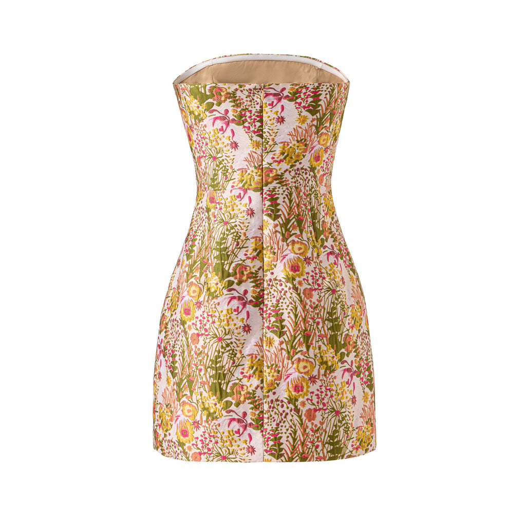 Jacquard Strapless Mini Dress Floral Design Chic