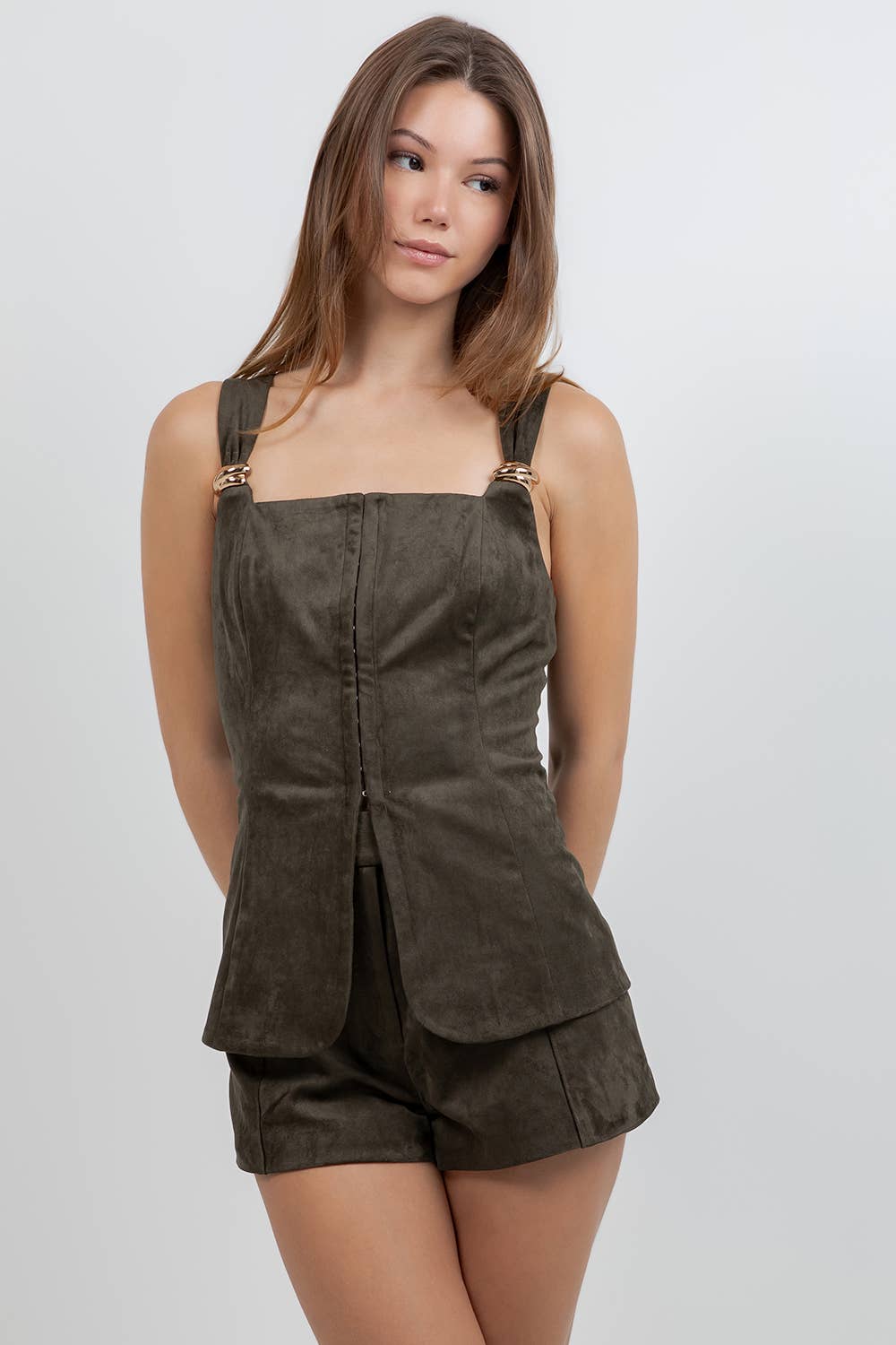 Metal Trim Suede Short Set
