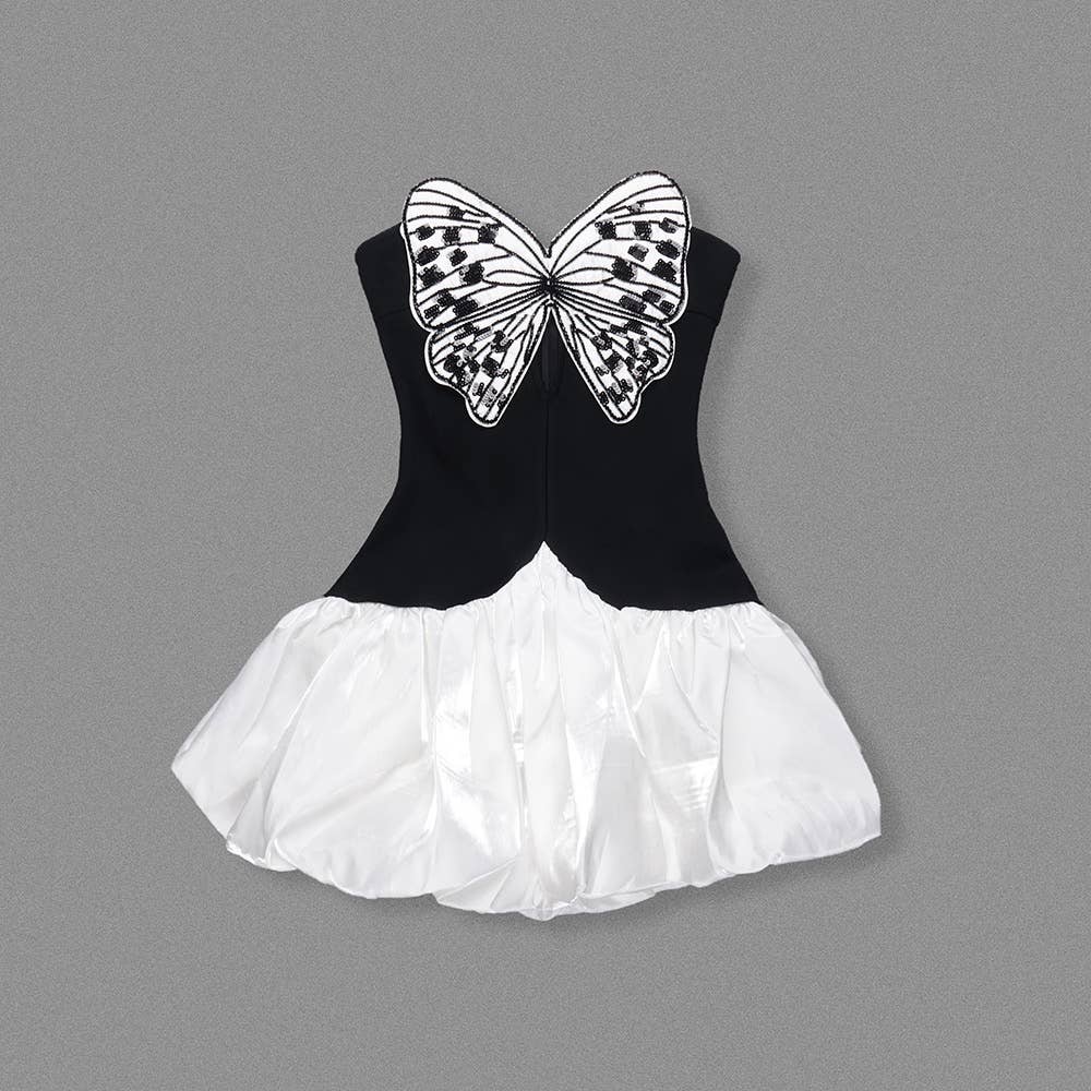 DR721 Contrast Butterfly Embroidery High Waist Mini Dress
