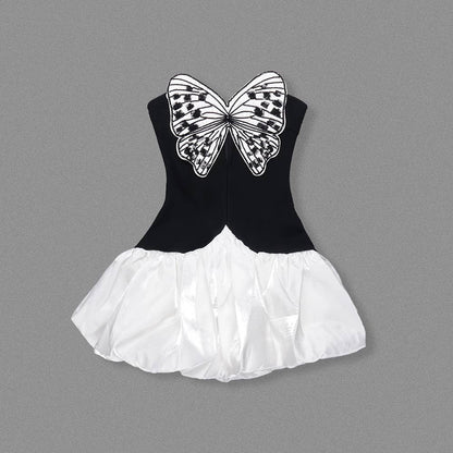 DR721 Contrast Butterfly Embroidery High Waist Mini Dress