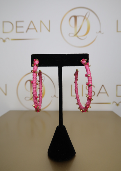 Pink Beaded Wrapped Hoops