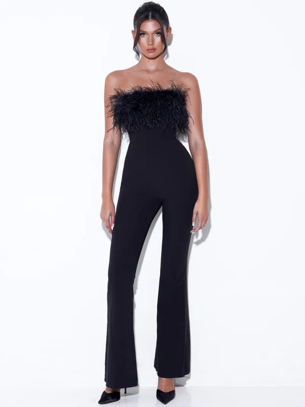 Feather strapless jumpsuit