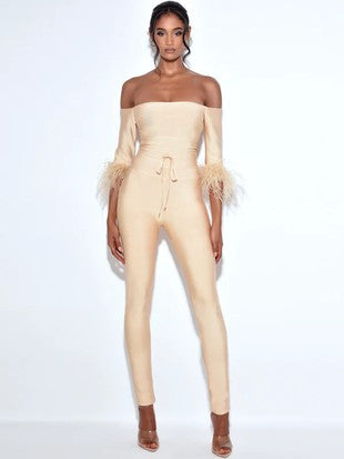 Off shoulder feather jumpsuit in beige