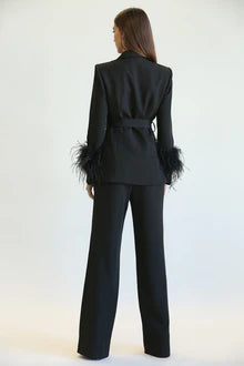 Black feather pant suit