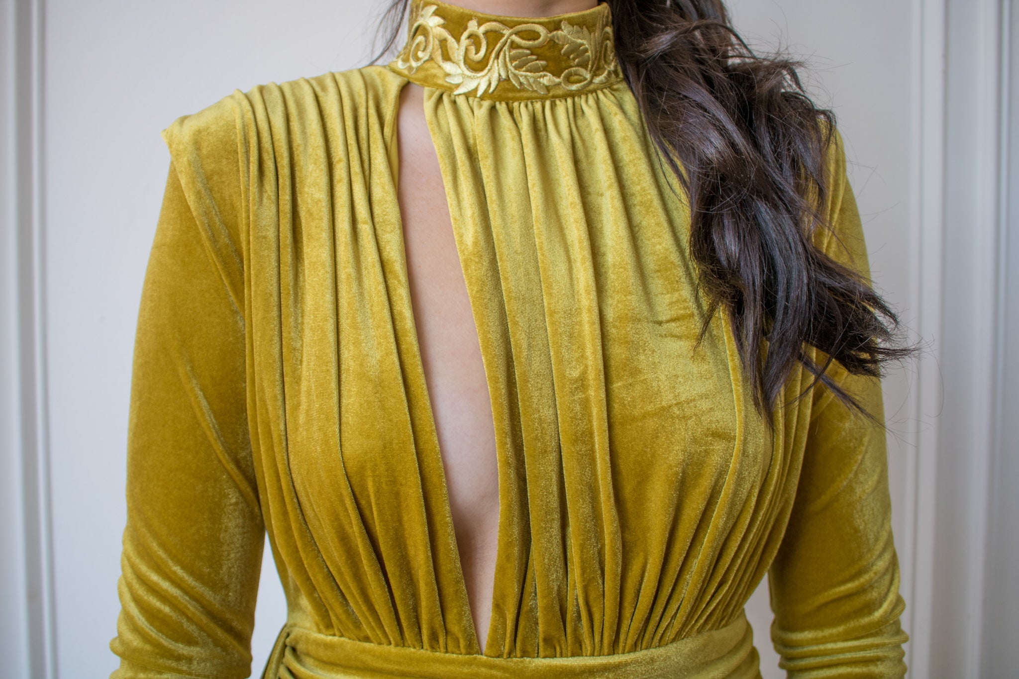 Cutout Long Sleeve Draping Velvet Dress