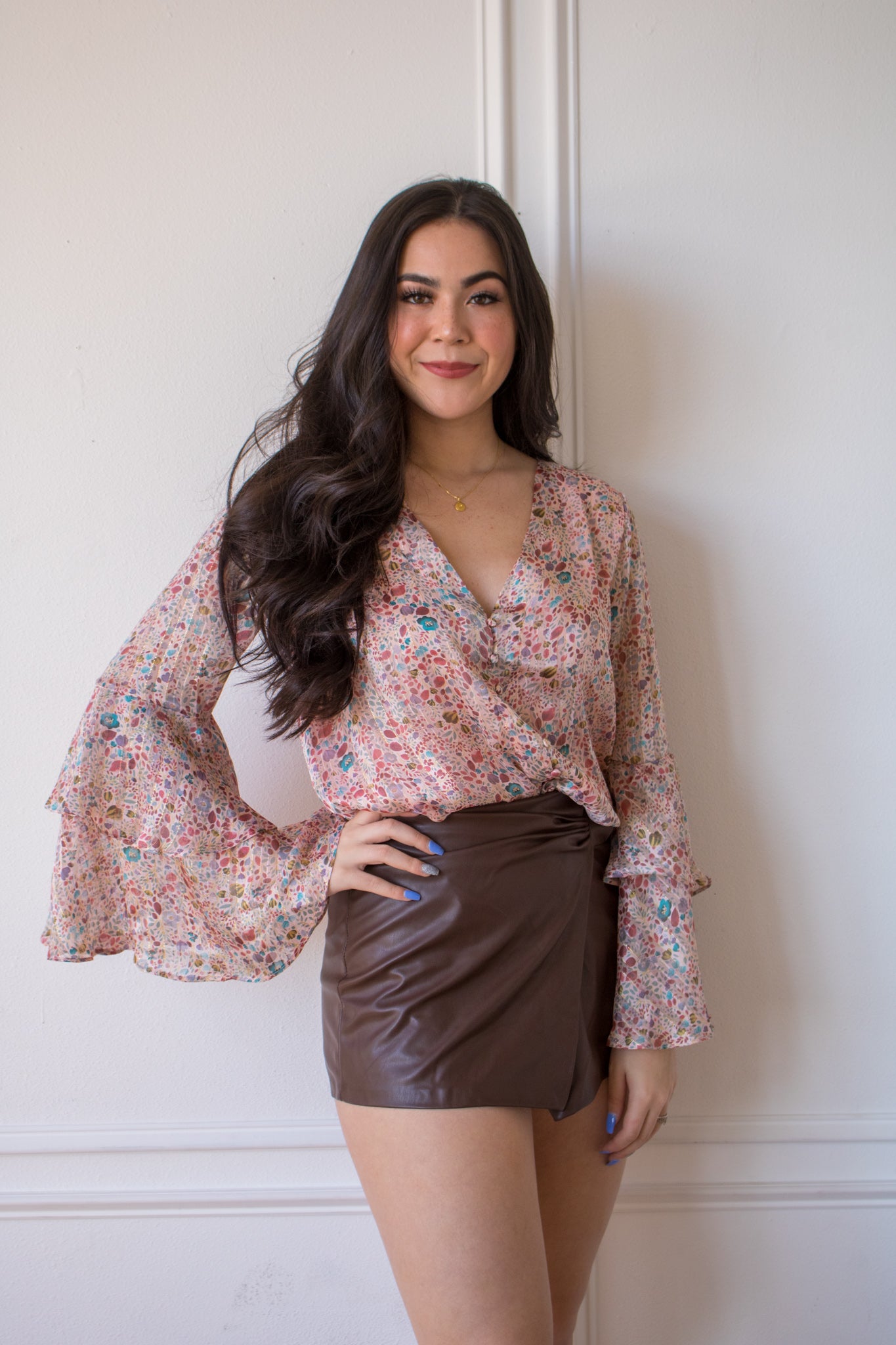 Pink and Gold Floral Wide Sleeve Top
