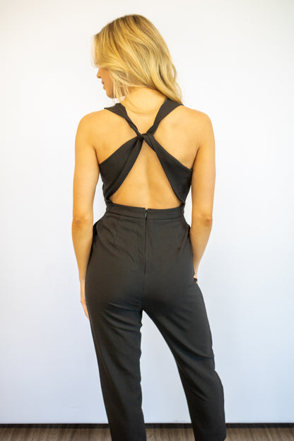 Plunging Open Back Black Jumpsuit