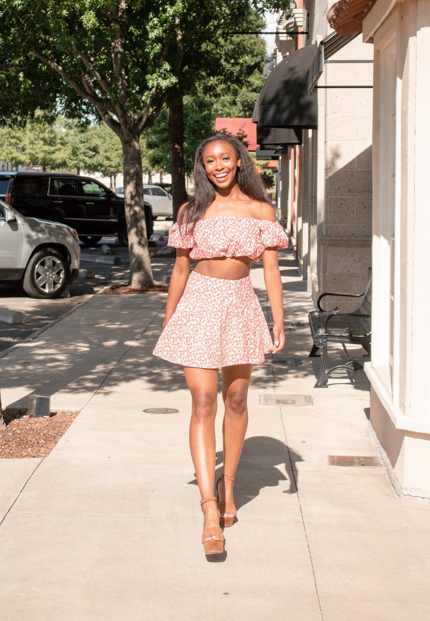 Red Floral Off The Shoulder Top and Skirt Set