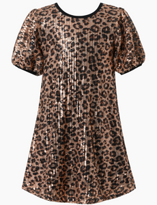 Littles Puff Short Sleeve Leopard Print Sequin A-Line Dress