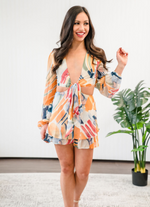 Load image into Gallery viewer, Brushstroke Long Sleeve Cutout Romper
