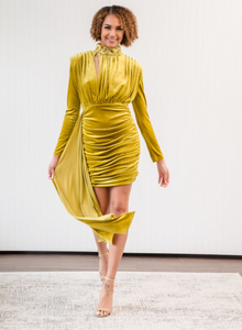 Cutout Long Sleeve Draping Velvet Dress