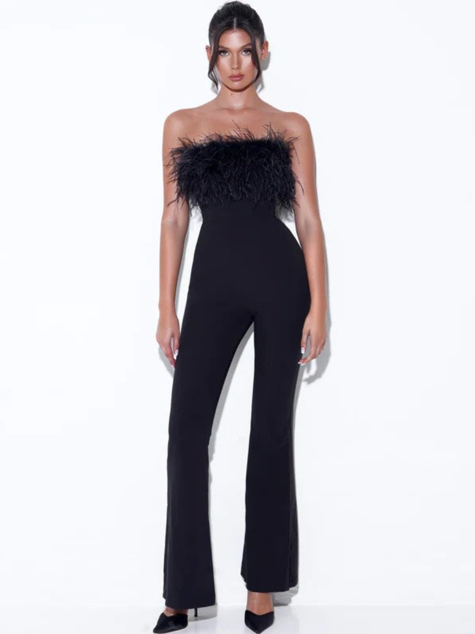 Feather strapless jumpsuit