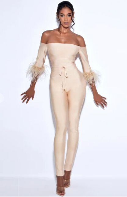 Off shoulder feather jumpsuit in beige