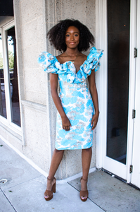 Gold/blue brocade ruffle dress