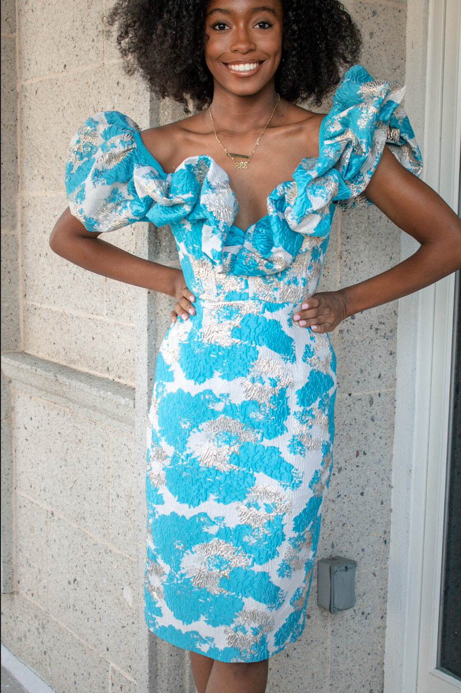 Gold/blue brocade ruffle dress