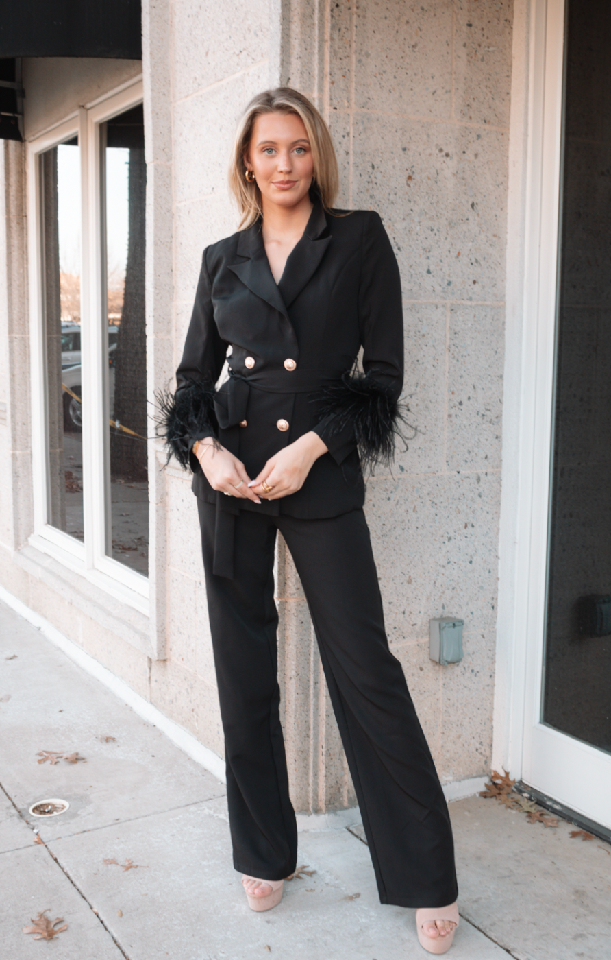 Black feather pant suit