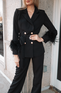 Black feather pant suit