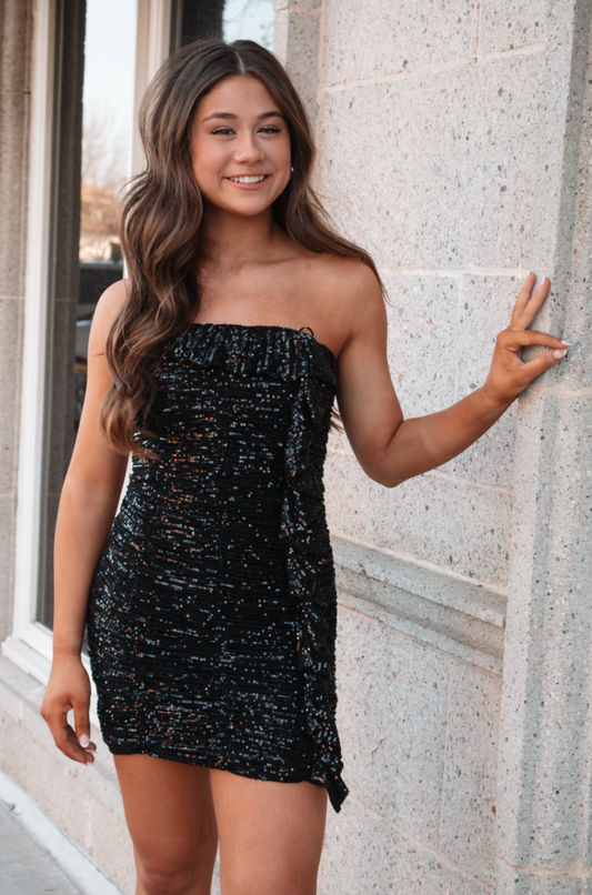 Black Sequin Ruffle Dress